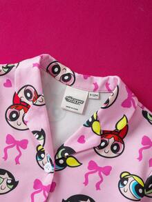 THE POWERPUFF GIRLS X SHEIN 女婴卡通可爱甜美粉色花朵、泡泡、毛茛图案翻领秋冬上衣和裤子睡衣套装 - 粉色 - 查看 4