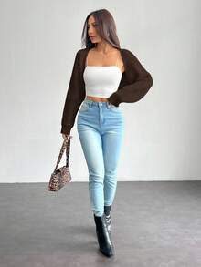 SHEIN PETITE Balletcore Ribbed Knit Raglan Sleeve Shrug Crop Cardigan Without Cami Top,Knitted Sweater In Fall/Winter - Coffee Brown - View 4