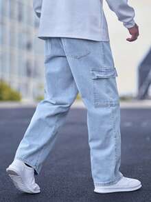 Manfinity Hypemode 宽松男士明线缝制抽绳腰带工装牛仔裤 - 淺色水洗藍 - 查看 2