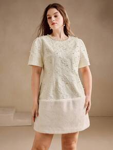 Anewsta Plus Size Solid Color 3D Floral Textured Jacquard Pearl Hem Patchwork Round Neck Dropped Shoulder Puff Sleeve A-Line Mini Dress