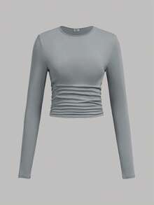 SHEIN Girlism 3件套少女纯色圆领褶皱长袖T恤紧身衣3件装青少年紧身长袖上衣紧身衣 - 彩色 - 查看 5