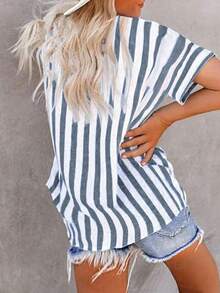 EMERY ROSE Women's Stripe Short Sleeve Single-Breasted Casual Loose Striped Shirt, Summer