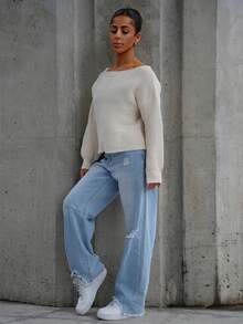 SAYEHFBABY Women's Off Shoulder Loose Fit Cropped Sweater With Off Shoulder Design, Solid Color, Casual And Comfortable, Suitable For Autumn/Winter,Long Sleeve Tops Knit Pullover Fall Outfit - Apricot - View 5