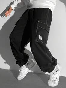 SHEIN Tween Boy 休闲多口袋撞色缝线字母图案罗纹袖口工装裤，适合秋季/春季、户外玩耍、学校、街头风格、派对和休闲