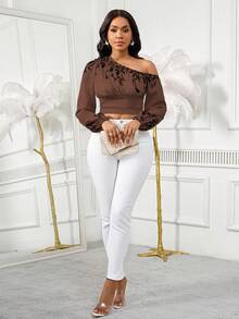 SHEIN Unity 女士时尚斜肩灯笼袖松紧袖口收腰上衣，度假花卉印花休闲通勤装 - 彩色 - 查看 5