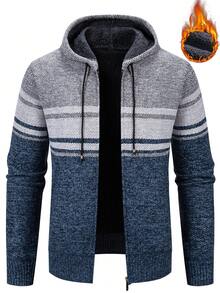 Manfinity Homme Men's Striped Long Sleeve Zip-Up Casual Hooded Cardigan, Autumn/Winter - Light Grey - View 1
