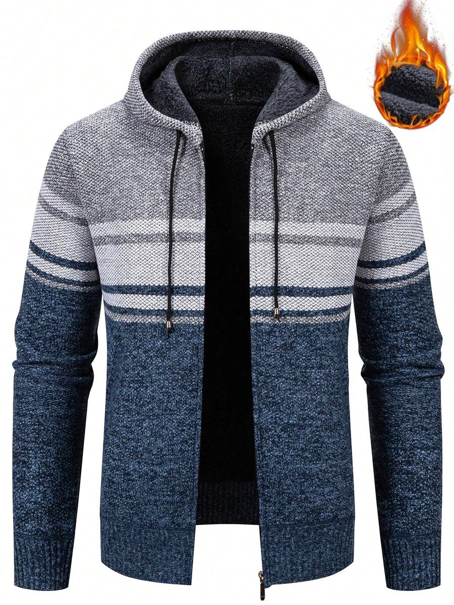 Manfinity Homme Men's Striped Long Sleeve Zip-Up Casual Hooded Cardigan, Autumn/Winter - Light Grey - View 1