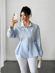 Elenzga Plus Size Women Elegant Solid Color Waist Cinched Long Sleeve Shirt, Versatile For Commuting And Outings