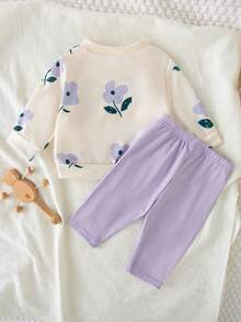 SHEIN 女婴秋季新款两件套，棕色碎花长袖圆领按扣上衣，休闲宽松长裤，复古时尚舒适百搭套装 - 紫色 - 查看 2