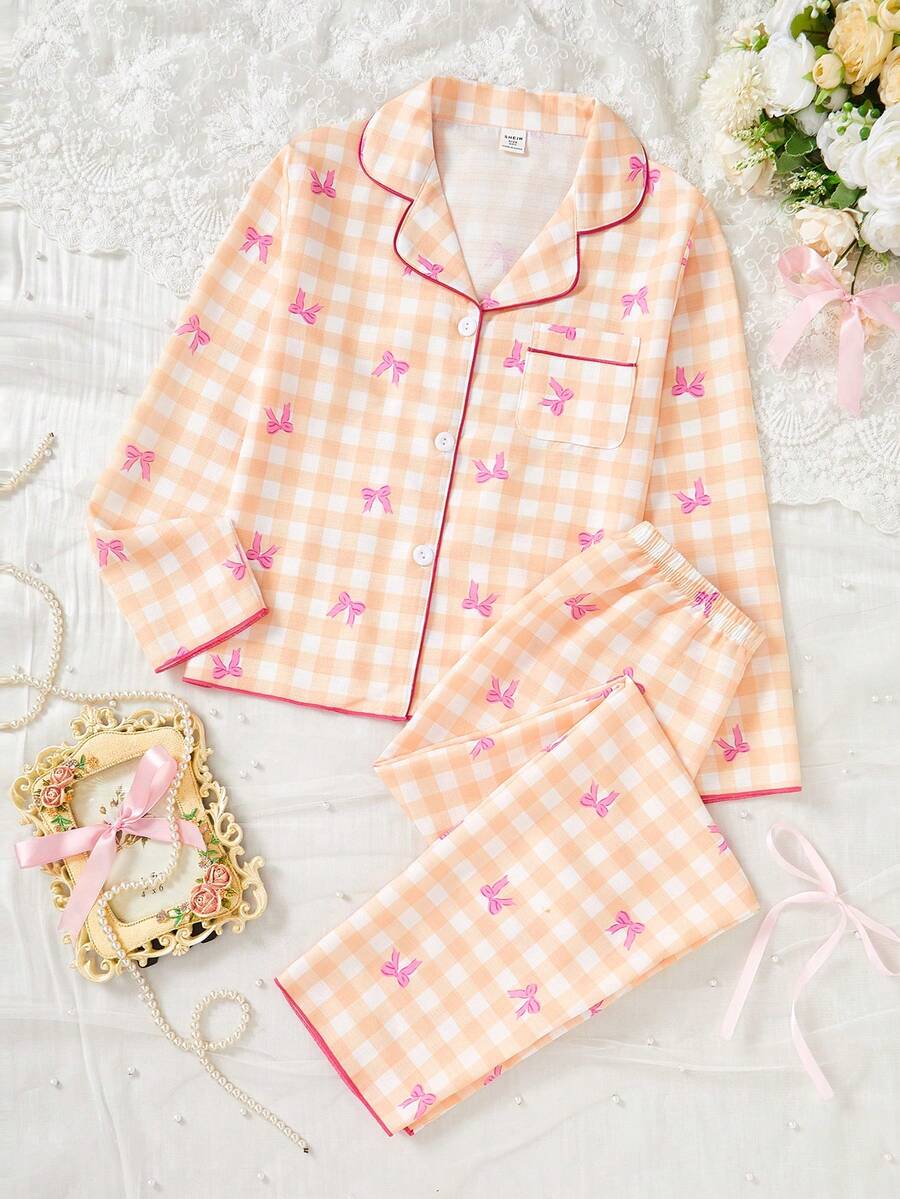 SHEIN Genkimix Kids 女学生睡衣套装,可爱蝴蝶格子印花长裤和开衫,长袖休闲两件套家居服,适合青少年女孩 - 彩色 - 查看 1