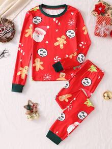 2pcs/Set Girls' Green Gingerbread Christmas Color Soft Fleece Elastic Long Sleeve Top And Pants Homewear Set Snug Fit - Red - View 5