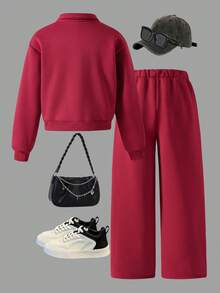 Sparklyn Set casual din 2 piese pentru fete preadolescente, hanorac și pantaloni scurți cu guler înalt și model New York, ținută călduroasă de campus pentru purtare zilnică, primăvară/toamnă/iarnă - roșu - Vizualizare 2