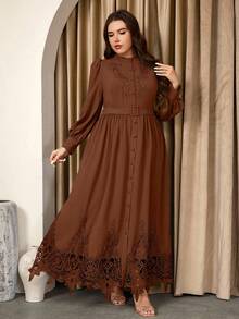Graceveil Đầm ren dài tay màu trơn cỡ lớn thanh lịch thường ngày - Rỉ Nâu - Xem 3