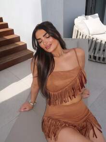 Ambs Edit 2pcs Women Brown Suede Fringe Set, Suitable For Music Festival, Western Outfit - Camel - View 4