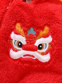 SHEIN 新生儿节日套装，中国节日元素可爱刺绣长袖长裤毛绒连体衣，宝宝中国新年套装 - 紅色 - 查看 7