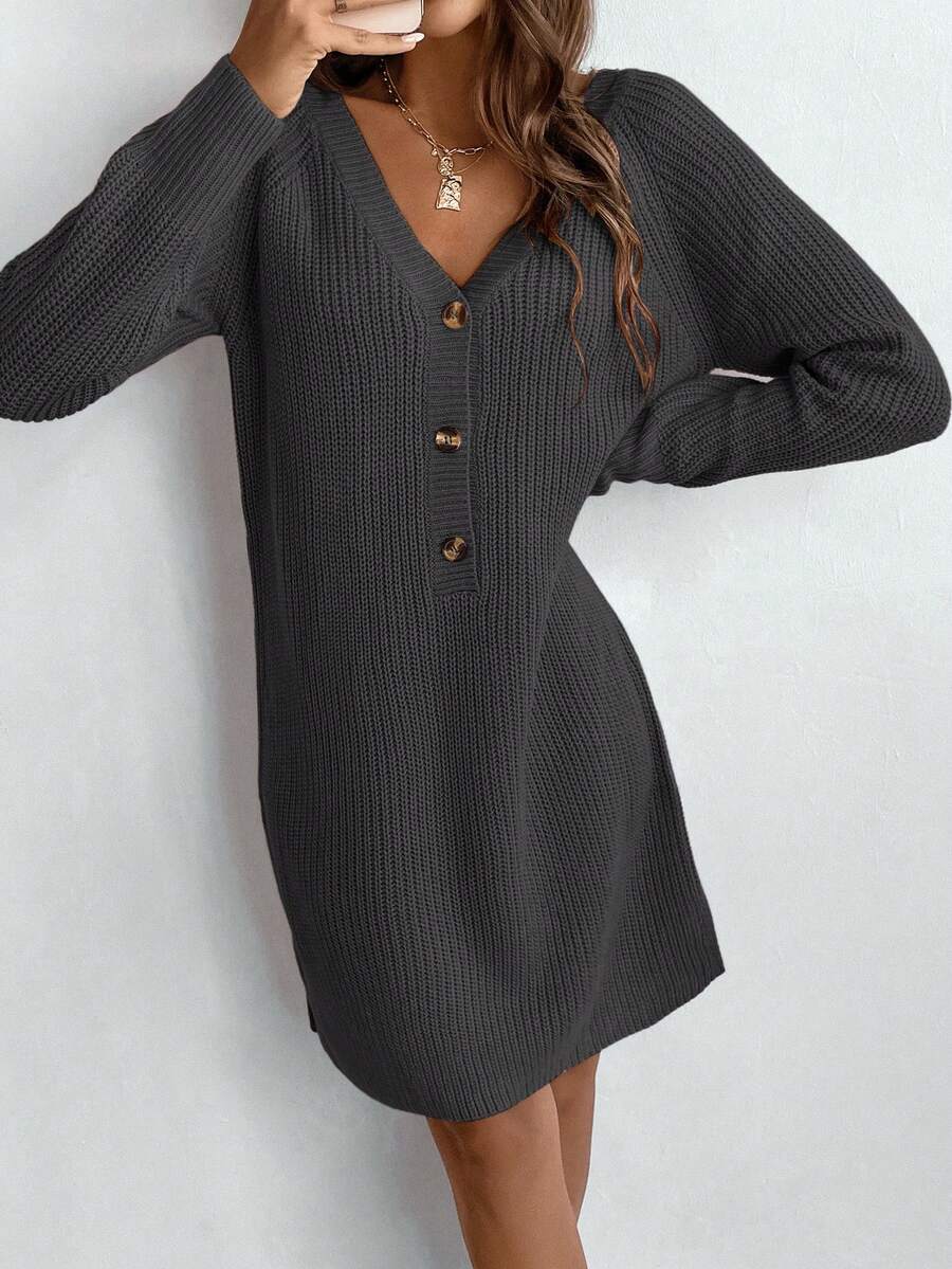SHEIN LUNE V-Neck Button Casual Versatile Long Sleeve Sweater Dress - Dark Grey - View 1