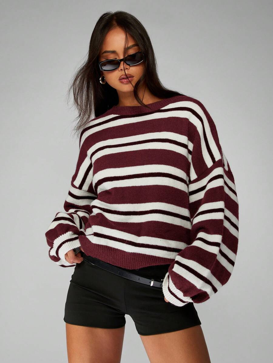 MISSGUIDED Boxy Fit Oversized Striped Knit Sweater With Drop Shoulders And Ribbed Cuffs For Fall Winter Casual Wear Christmas - Burgundy - View 1
