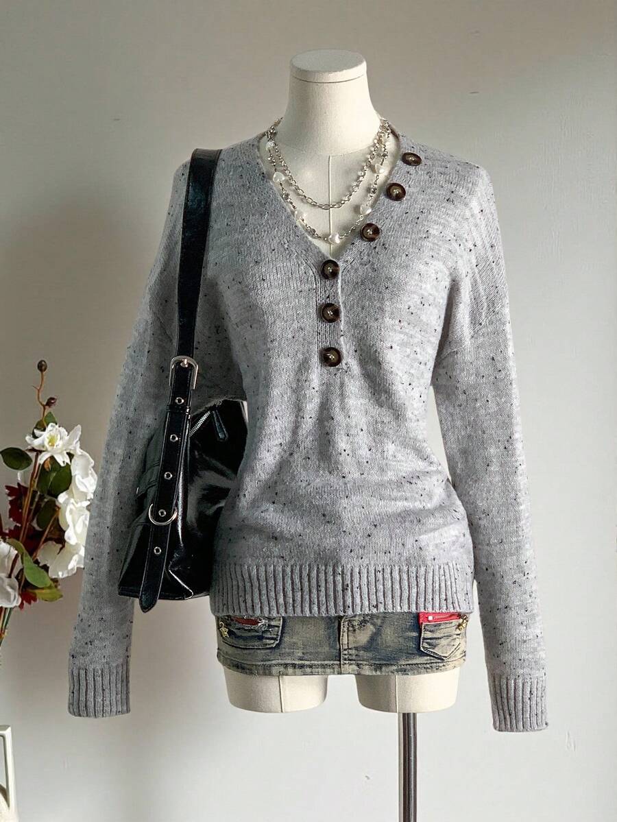 SHEIN Unity 女士时尚休闲V领纽扣装饰长袖毛衣 - 灰色 - 查看 1