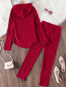 Sparklyn 2pcs/Set Teen GirlCasual Ribbed Hoodie And Pants Set - Burgundy - View 2
