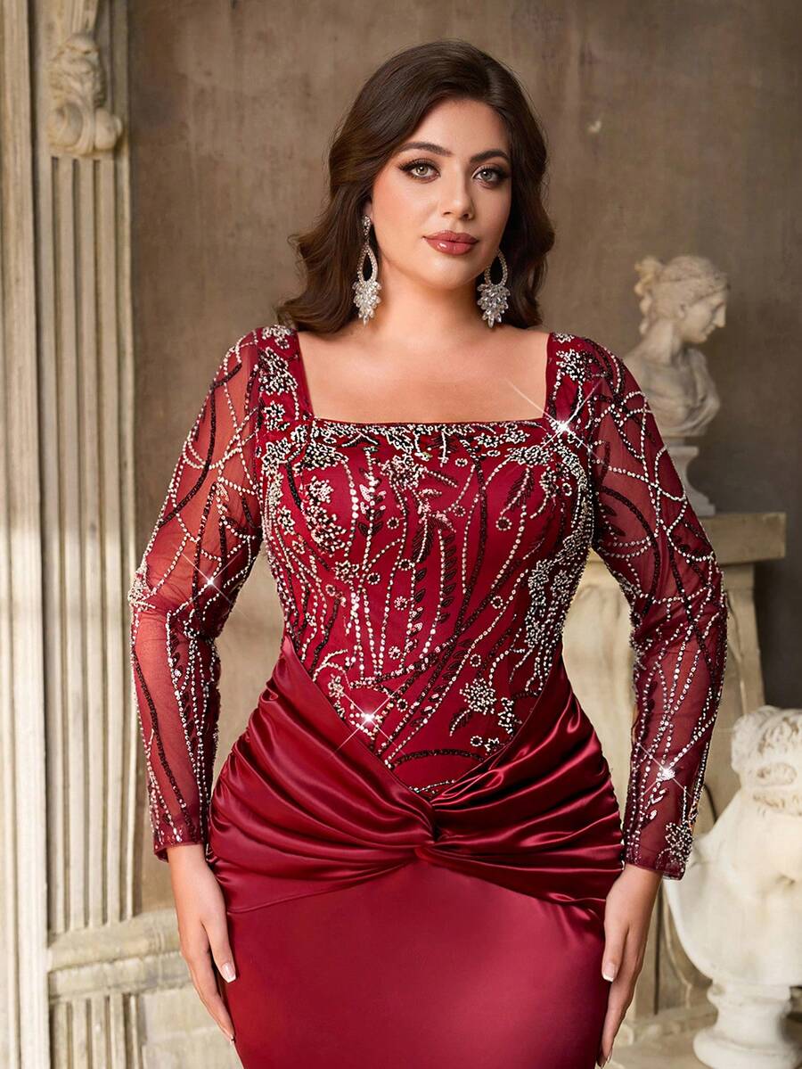 Aureia 加大码优雅浪漫红色露肩长袖透明奢华串珠拼布弹力缎腰纽扣装饰美人鱼下摆礼服（重度装饰设计） - 紅色 - 查看 1