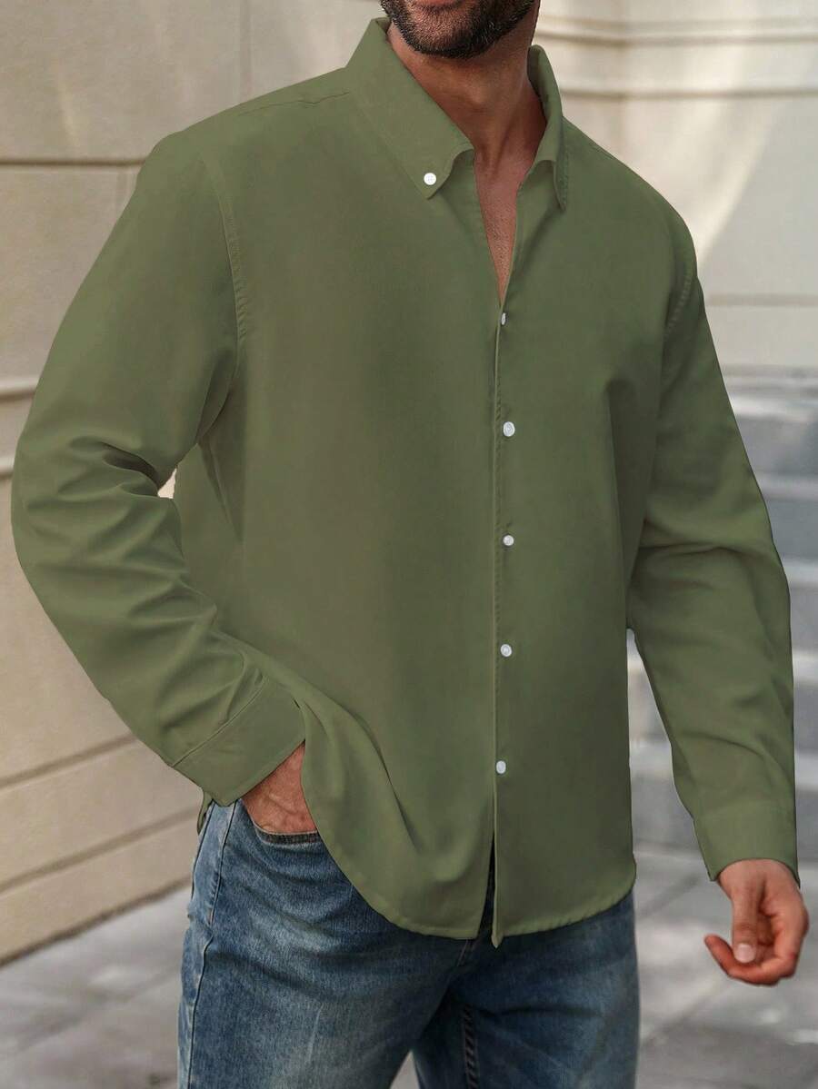 Manfinity Homme Camisa casual de diseño minimalista con botones delanteros, manga larga y hombros rectos, para hombres de talla grande dunicolordo - Verde militar - Ver 1