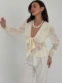 Aloruh Women's Autumn/Winter Sweet Ruffle Flare Sleeve Deep V Neck Embroidered Fitted Tie-Front Blouse - Beige - View 9