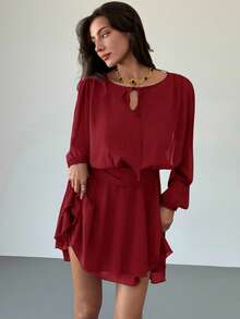 Aloruh Váy mini buộc dây tay dài viền bèo nhún màu tím mận lãng mạn cho ngày lễ hội âm nhạc dành cho nữ - Đỏ - Xem 6