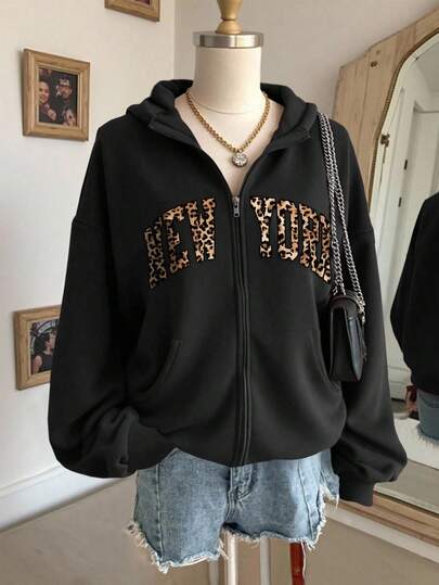 Lalippa 女士豹纹字母图案连帽拉链长袖运动衫