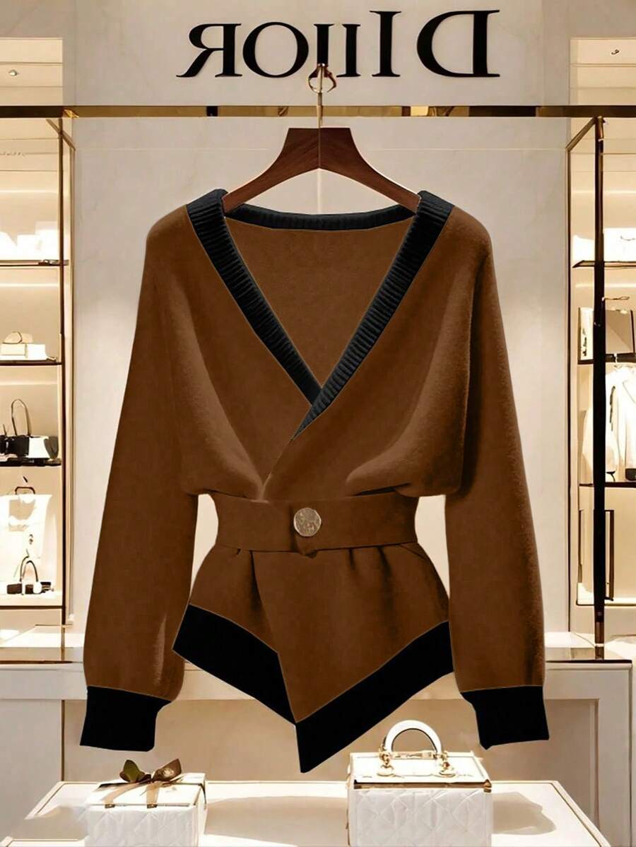 Franclia New Autumn/Winter French Personalized High-End Minimalist Design Women Cardigan Sweater - Chocolate Brown - View 1