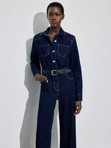 Maija Women's Autumn Long Sleeve Button Design Pocket Straight Leg Casual Denim Jumpsuit Old Money Style - Dark Wash - View 2