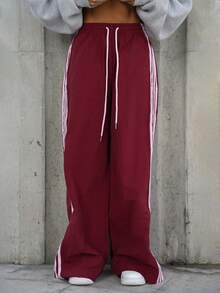 SAYEHFBABY Women's Elastic Waist Casual Loose Striped Sports Pants,Fall - Burgundy - View 3