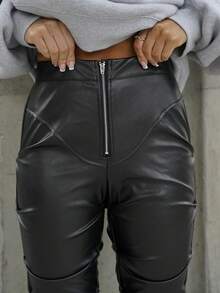 SAYEHFBABY 1 quần da PU thời trang xếp ly khóa kéo phía trước màu trơn cho nữ - màu đen - Xem 5