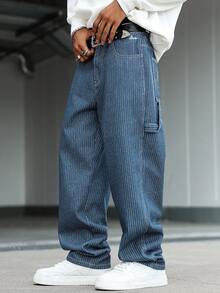 Manfinity Hypemode 男士休闲竖条纹多口袋牛仔裤，街头时尚 - 中等水洗藍 - 查看 4