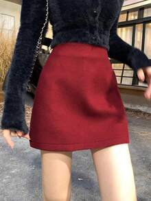 DAZY 女士羊毛混纺半身裙，休闲商务优雅百褶A字裙，适合秋冬季穿着 - 紅色 - 查看 6