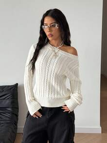 SHEIN PETITE 女式纯色休闲扭纹宽松长袖毛衣上衣，秋冬 - 杏色 - 查看 4