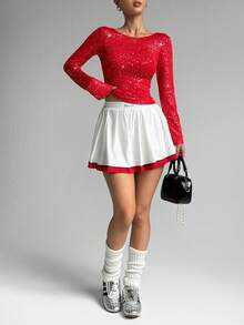 Dewbera Women's Fashionable & Elegant Fitness Running Backless Pleated Shiny Polka Dot Long Sleeve Slim Fit Yoga Workout Top