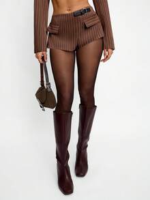 Avenya Brown Striped Low Waist Mini Shorts, Fashionable For Commuting - Brown - View 3