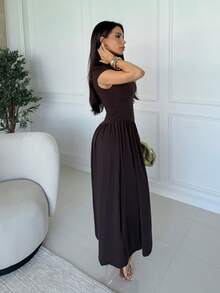 Milla Jasmine 女式纯色立领泡泡袖褶皱长款休闲连衣裙，夏季 - 棕色 - 查看 6