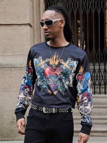 Manfinity Roghcode Men's Black Autumn Streetwear Knitted Sweatshirt,Luxury Graphic Printed Crew Neck Pullover,Loose Cropped Long Sleeve Top,Holiday Fashion Sportswear - Black - View 6