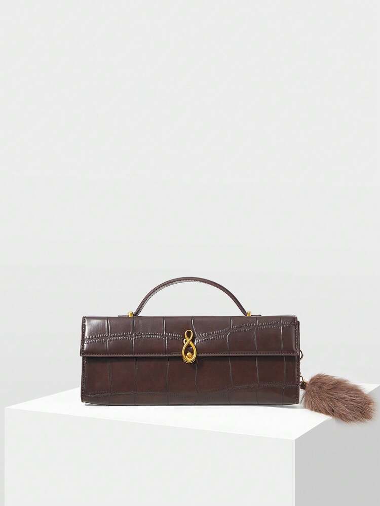 LADIES' ELEGANT RETRO CROCODILE EMBOSSED HANDBAG WITH EXQUISITE HARDWARE LOCKS AND PLUSH CHARMS, SUITABLE FOR DAILY COMMUTING SHOPPING SCENES