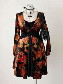 Sunspun Váy midi nhung họa tiết hoa thanh lịch cổ chữ V tay loe cỡ lớn - Nhiều màu - Xem 5