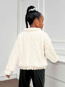 SHEIN 青少年女孩休闲双面羊毛纯色翻领长袖夹克 - 米色 - 查看 2