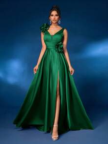 Glamrae 女士优雅豪华 V 领莲花粉色 3D 花卉装饰高开叉 A 字裙，带拖尾，正式派对晚礼服，舞会礼服，适合婚礼嘉宾、毕业典礼、晚宴