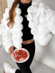 SHEIN EZwear 女式休闲白色仿皮草短款夹克，秋冬 - 白色 - 查看 5