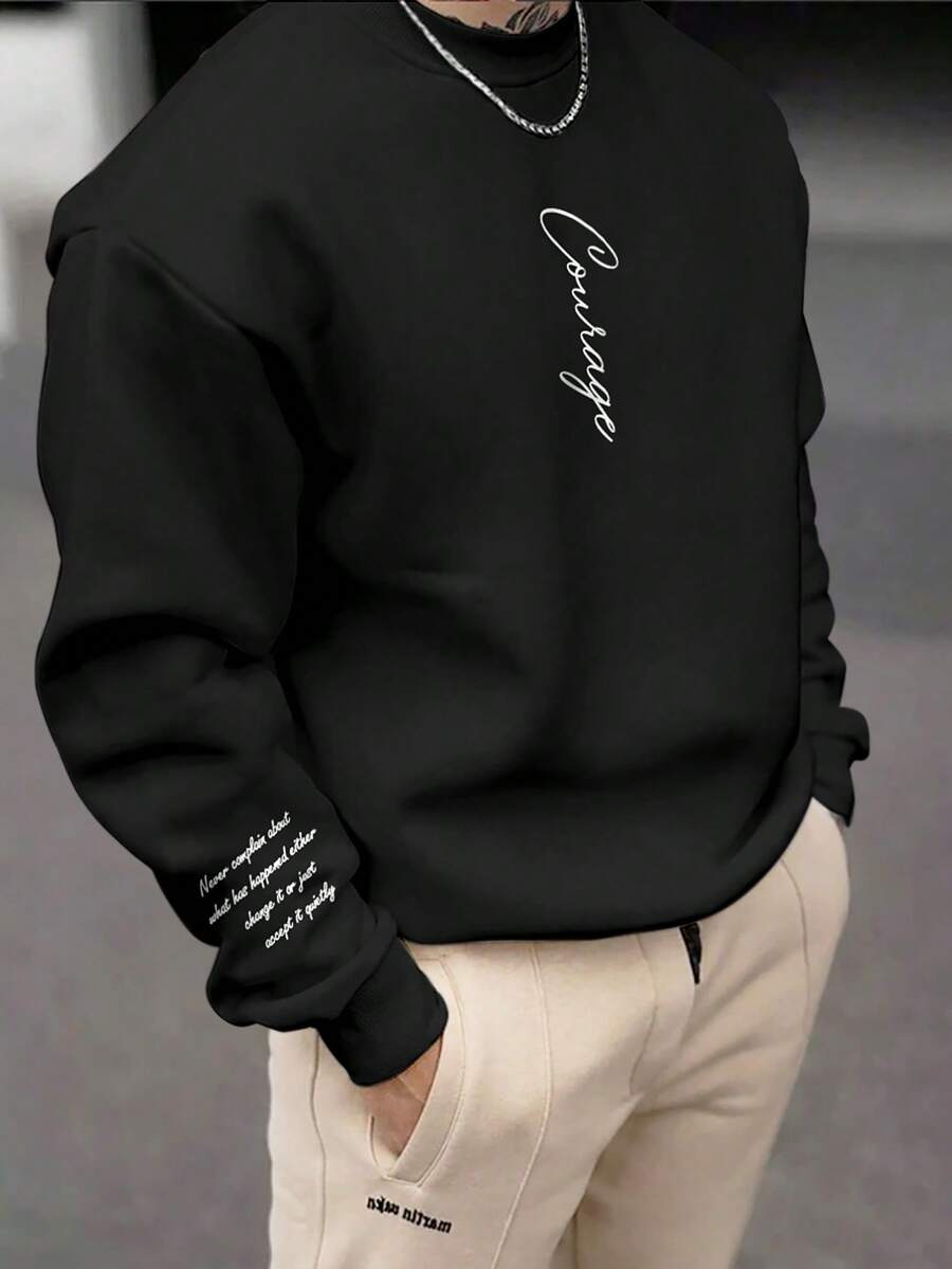 Manfinity Homme 男士印花休闲圆领长袖卫衣 - 黑色 - 查看 1