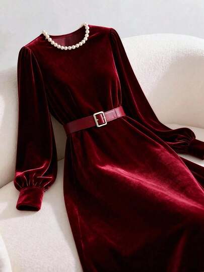 GlowEve CURVE Vestido de línea A acampanado de punto de terciopelo con decoración de cuello de perlas para mujer, elegante para uso diario, ir al trabajo, negocios, citas románticas francesas, fiestas, Navidad, otoño/invierno, color rojo vino