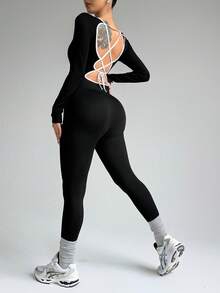 Slayform Slayform Seamless Yoga Jumpsuit,Black And White Contrast,Long Sleeves,Backless Criss-Cross Straps,Slim Fit One Piece For Autumn Athleisure,Gym,Pilates,Yoga - Black - View 3