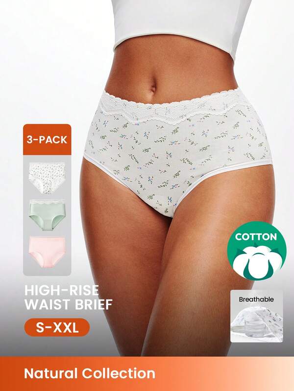 LUVLETTE paquete de 3 bragas de cintura media con estampado floral y encaje, de algodón suave