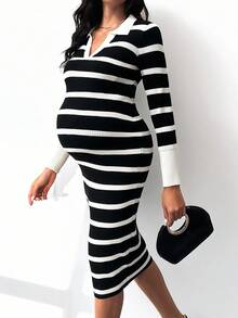 MaterniWear Pregnant Women's Casual Commuting Black & White Striped V-Neck Fitted Sweater Dress, Autumn/Winter  Winter Dress Elegant Dresses For Women  Black Dress   Winter - Black and White - View 1