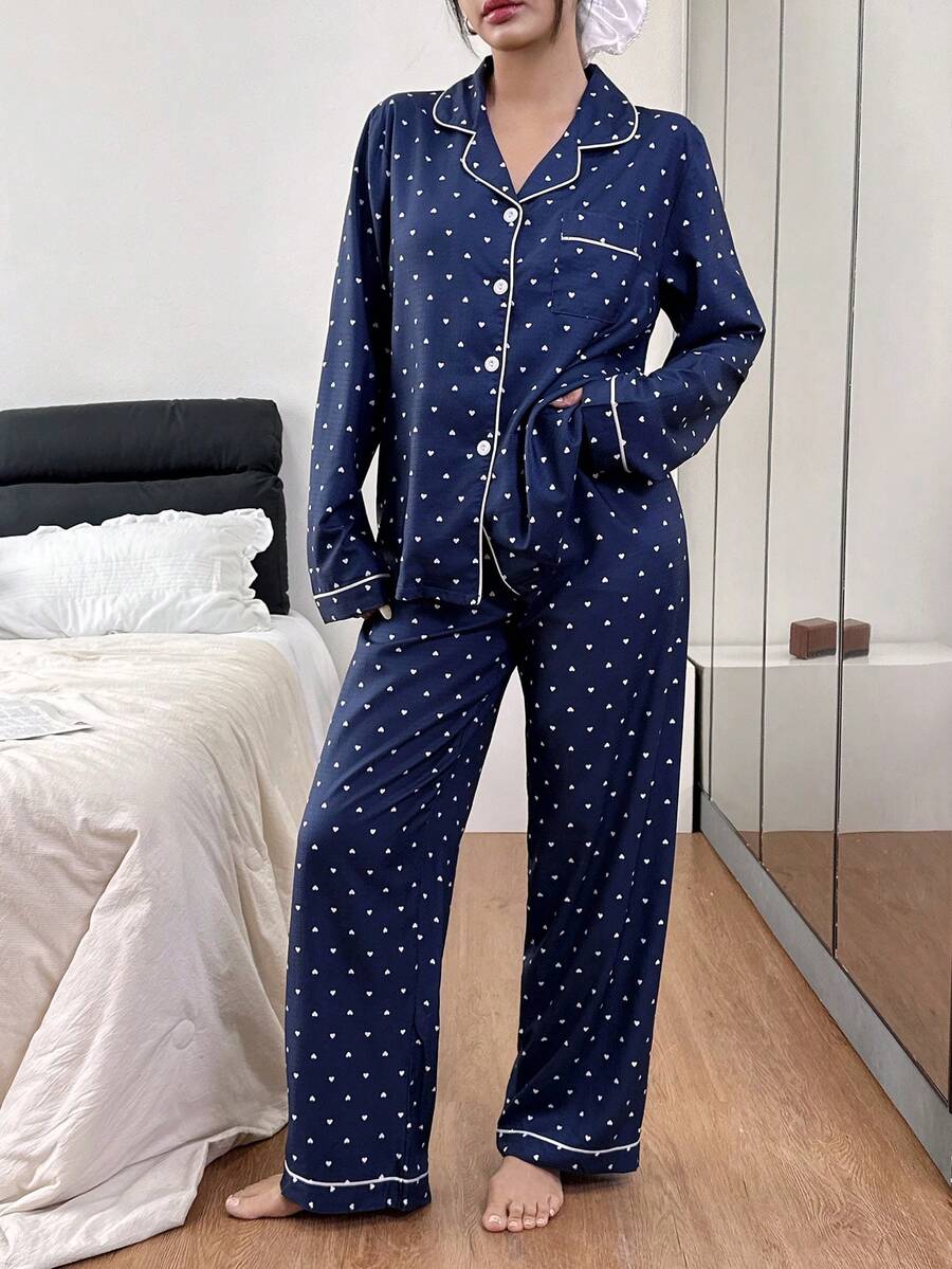 SHEIN Bubble Wrinkle Heart Print Long Sleeve Top & Pants Women PJS Polka Dot PJS , Fall & Winter Clothes - Navy Blue - View 1